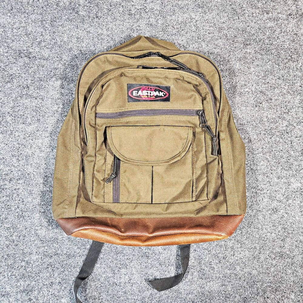 VTG 90s Eastpak Canvas Green Brown Daypack Backpack with Leather Bottom Great